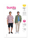 Burda sewing pattern 5842 for men’s relaxed shirt jacket with large pockets and timeless short-sleeve shirt, perfect for casual looks.