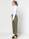Milan woven pant sewing pattern featuring a wide leg, ankle length, and drawstring tie waist, designed for ultimate comfort in linen and cotton.