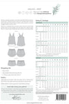A versatile sewing pattern for a relaxed-fit camisole with a v-neck and crossover yoke, paired with comfy shorts featuring an elastic waist and pockets, perfect for lightweight summer fabrics