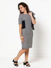 Elegant sheath dress sewing pattern with optional contrast side inserts and flattering elbow-length sleeves, suitable for linen, cotton, lace, silk, or fine wool