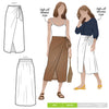 Stylish Rona Wrap Skirt sewing pattern with full faux wrap, calf-length cut, and front tie waist, suitable for rayon, crepe, silk, or washed linen fabrics.