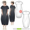 Contemporary Sydney Designer Dress sewing pattern featuring a full cocoon shape, high-low hemline, and engineered panels for an elegant drape, ideal for various fabrics
