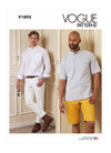 Vogue sewing pattern V1895 for men’s shirts, shorts, and pants featuring semi-fitted shirts with plackets and tapered jeans with pockets and belt carriers.