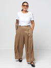 Atlas Woven Pant Sewing Pattern - wide leg crop pants with fitted waist, invisible zip, side inseam pockets, twisted pleat detail, and slight dropped crotch.