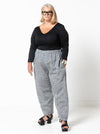 Front view of Bob Woven Pant Sewing Pattern – Balloon-shaped pants with elastic waistband and inseam pockets.