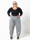 Front view of Bob Woven Pant Sewing Pattern – Balloon-shaped pants with elastic waistband and inseam pockets.