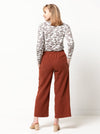 Back view of Contemporary Darby Woven Pant pattern with a wide leg, elastic waist, and convenient patch pockets, designed for a fashionable and easy fit.