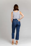 Image of the Dawn Jeans Sewing Pattern showcasing four styles: tapered leg, straight leg, wide leg, and jean shorts, with high rise and classic jeans details.