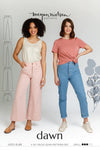 Image of the Dawn Jeans Sewing Pattern showcasing four styles: tapered leg, straight leg, wide leg, and jean shorts, with high rise and classic jeans details.