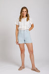 Image of the Dawn Jeans Sewing Pattern showcasing four styles: tapered leg, straight leg, wide leg, and jean shorts, with high rise and classic jeans details.