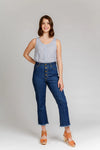 Image of the Dawn Jeans Sewing Pattern showcasing four styles: tapered leg, straight leg, wide leg, and jean shorts, with high rise and classic jeans details.