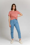 Image of the Dawn Jeans Sewing Pattern showcasing four styles: tapered leg, straight leg, wide leg, and jean shorts, with high rise and classic jeans details.