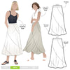 Haven Woven Skirt Sewing Pattern - mid-length skirt with fitted waist, invisible zip, flared hem with curved seams, and shaped waistband.