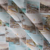 Highland Breeze Linen fabric with faded block prints of coastal cliffs, rocky hills, serene lakes, and misty peaks