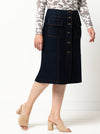 Lennox Woven Skirt made using the sewing pattern, "A" line panelled design, button-through front, patch pockets with flaps, shown in linen fabric.