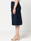 Lennox Woven Skirt made using the sewing pattern, "A" line panelled design, button-through front, patch pockets with flaps, shown in linen fabric.