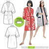 Loungewear Kimono/Robe sewing pattern, featuring a traditional robe with patch pockets and tie belt, ideal for silk, lawn, flannelette, cotton, rayon, or linen fabrics.