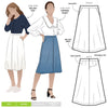 line art of Mary-Ann A-Line Skirt Sewing Pattern by Style Arc featuring a 4-panel design, slant pockets, and invisible zip, made with woven fabrics like linen or cotton