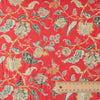 Oriental Flower Linen Print on 100% linen fabric, featuring a red background with a multicolored floral pattern