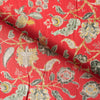 Oriental Flower Linen Print on 100% linen fabric, featuring a red background with a multicolored floral pattern