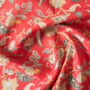 Oriental Flower Linen Print on 100% linen fabric, featuring a red background with a multicolored floral pattern