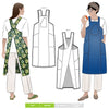 Line art of Pinnie Cross-Back Cooking Apron sewing pattern featuring knee-length design, angled or patch pockets, and sturdy fabric options for versatile use.