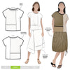 Quinn Woven Top sewing pattern with square cut, extended shoulder line, boxy shape, and front and back panelling.