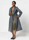 Stella Woven Coat Sewing Pattern - mid-length wrap coat with long sleeves, tie belt, revere and stand collar, fully lined, panelled back with yoke, in-seam pockets, and back vent