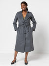 Stella Woven Coat Sewing Pattern - mid-length wrap coat with long sleeves, tie belt, revere and stand collar, fully lined, panelled back with yoke, in-seam pockets, and back vent