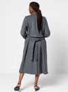 Stella Woven Coat Sewing Pattern - mid-length wrap coat with long sleeves, tie belt, revere and stand collar, fully lined, panelled back with yoke, in-seam pockets, and back vent