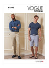 Vogue sewing pattern for men’s shorts and pants, featuring waistband, pockets, fly front zipper, and tailored design, ideal for twill, denim, and gabardine fabrics.